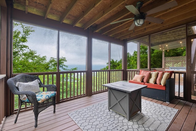 9311 Scenic Hwy, Lookout Mountain, GA 30750 - sunroom with a ceiling fan, an outdoor living space with a fire pit, and healthy amount of natural light