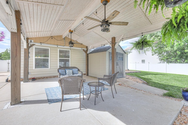 5451 Middlebury Dr, Murfreesboro, TN 37128 - fenced backyard featuring ceiling fan, a patio, a shed, and an outdoor living space