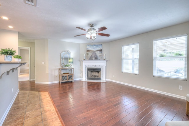 5451 Middlebury Dr, Murfreesboro, TN 37128 - living area with ceiling fan, wood finished floors, recessed lighting, and a high end fireplace
