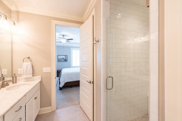 7040 Wenlock Ln, Franklin, TN 37064 - full bath with ensuite bathroom, vanity, a shower stall, ornamental molding, and ceiling fan