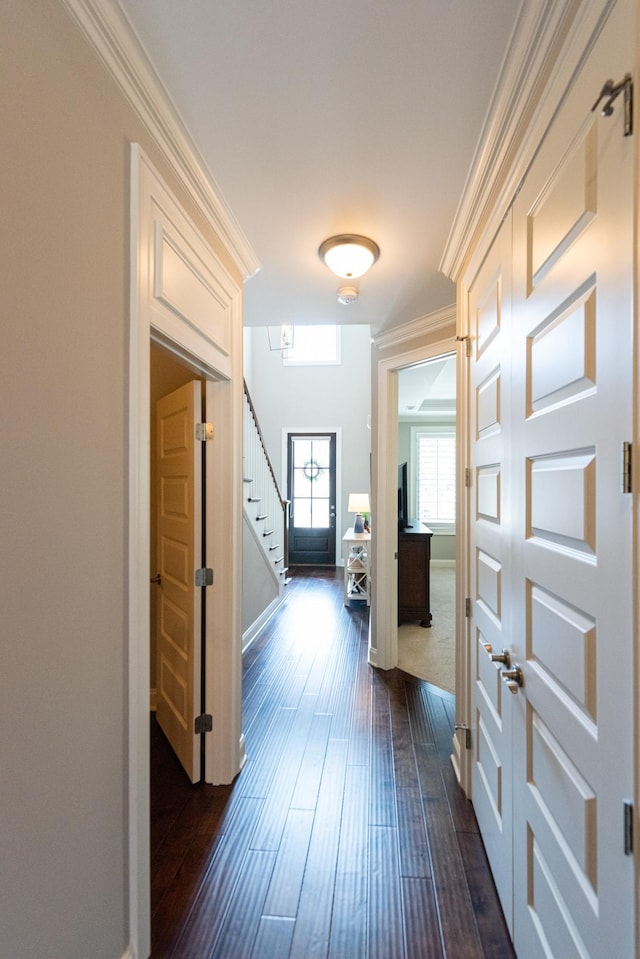 7040 Wenlock Ln, Franklin, TN 37064 - corridor with stairs, dark wood-style flooring, and crown molding