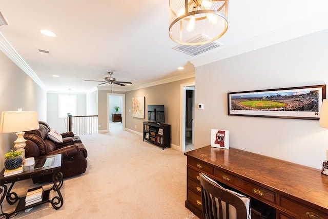 7040 Wenlock Ln, Franklin, TN 37064 - living room featuring crown molding, light carpet, a chandelier, recessed lighting, and ceiling fan
