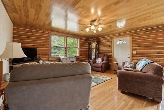 32 Morris Ln, Pleasant Shade, TN 37145 - living room with wood ceiling, log walls, hardwood / wood-style floors, ceiling fan, and a fireplace