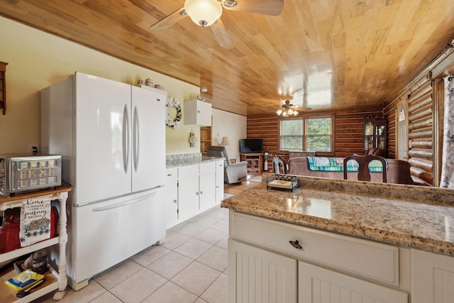 32 Morris Ln, Pleasant Shade, TN 37145 - kitchen with freestanding refrigerator, ceiling fan, log walls, wooden ceiling, and light tile patterned flooring