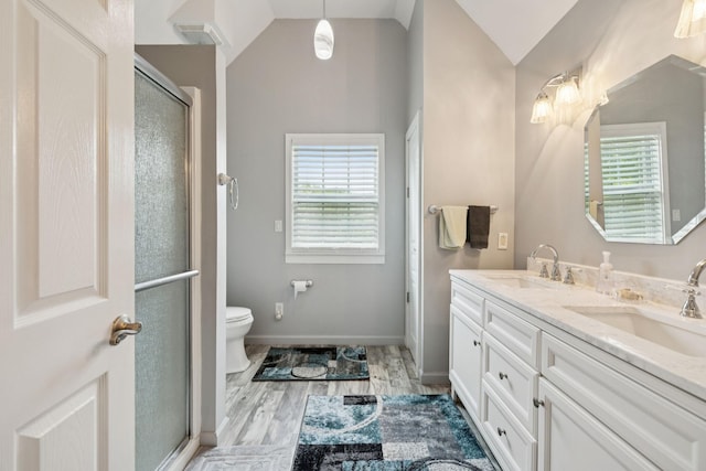 32 Morris Ln, Pleasant Shade, TN 37145 - bathroom with vaulted ceiling, double vanity, healthy amount of natural light, an enclosed shower, and wood finished floors