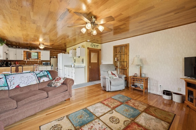 32 Morris Ln, Pleasant Shade, TN 37145 - living area featuring wood ceiling, light wood-type flooring, and a ceiling fan