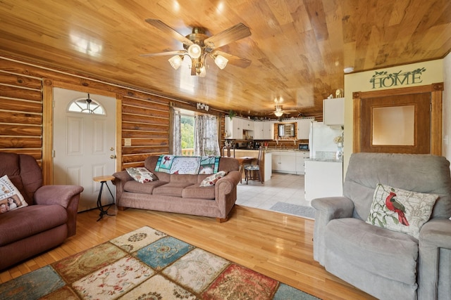 32 Morris Ln, Pleasant Shade, TN 37145 - living room with wood ceiling, rustic walls, ceiling fan, and light wood-type flooring