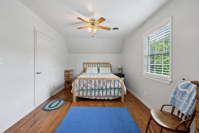 32 Morris Ln, Pleasant Shade, TN 37145 - bedroom featuring wood finished floors, vaulted ceiling, and ceiling fan