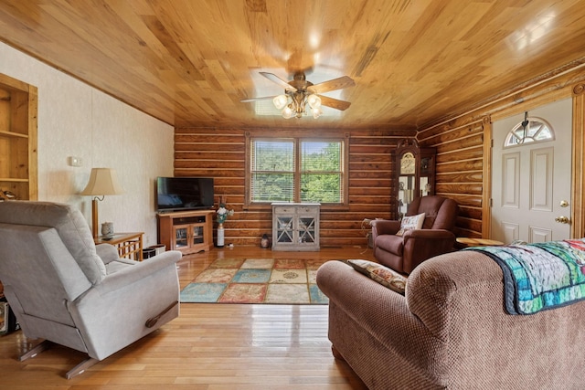 32 Morris Ln, Pleasant Shade, TN 37145 - living area with log walls, wooden ceiling, a ceiling fan, and hardwood / wood-style flooring