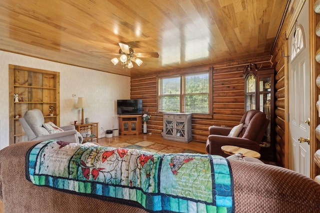 32 Morris Ln, Pleasant Shade, TN 37145 - living room featuring rustic walls, wood ceiling, a ceiling fan, and wood finished floors