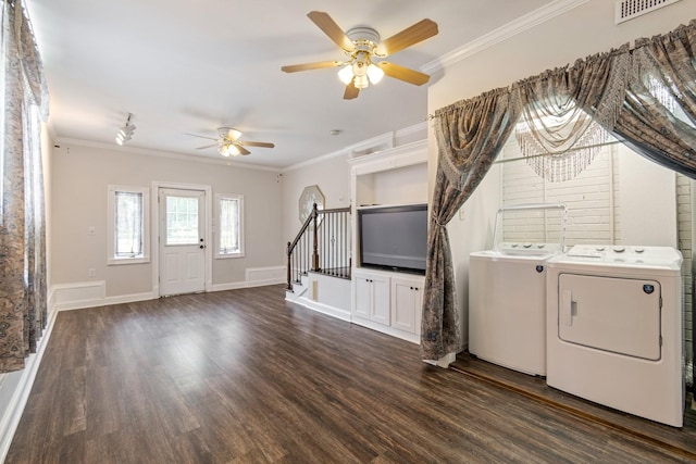 1519 Preston Dr, Nashville, TN 37206 - unfurnished living room featuring independent washer and dryer, ornamental molding, a ceiling fan, dark wood-style floors, and stairway
