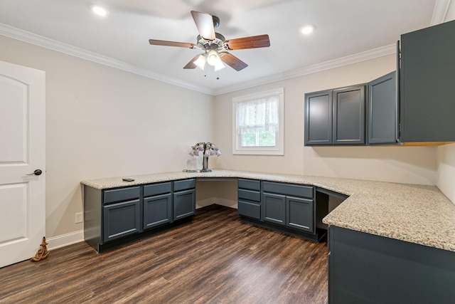 1519 Preston Dr, Nashville, TN 37206 - kitchen with dark wood-style floors, built in desk, a ceiling fan, ornamental molding, and recessed lighting