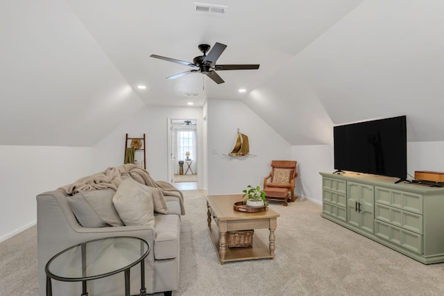 1511 Bridle Ln, Chapel Hill, TN 37034 - living area featuring a ceiling fan, vaulted ceiling, light carpet, and recessed lighting