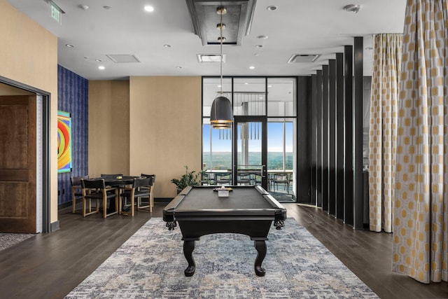 1616 W End Ave Unit 2609, Nashville, TN 37203 - recreation room with a wall of windows, dark wood finished floors, billiards, and recessed lighting