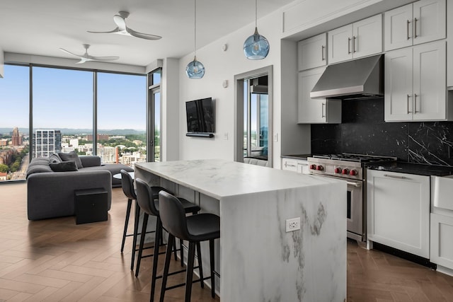 1616 W End Ave Unit 2609, Nashville, TN 37203 - kitchen featuring high end stove, under cabinet range hood, a ceiling fan, decorative backsplash, and a center island