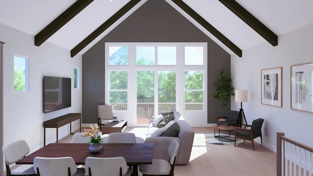 2080 Conductor Ln, Thompsons Station, TN 37179 - dining space with beamed ceiling, high vaulted ceiling, plenty of natural light, and light wood-type flooring