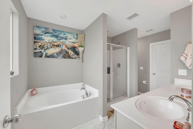 4418 Prometheus Way, Murfreesboro, TN 37128 - bathroom featuring marble look tiles, a stall shower, a bath, and double vanity