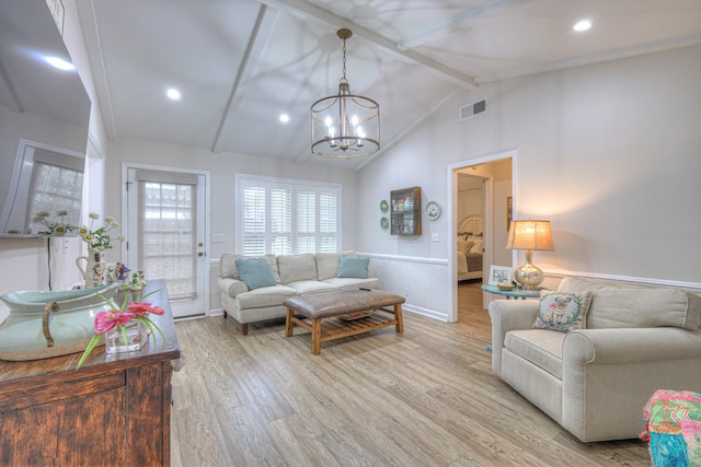 943 E Northfield Blvd, Murfreesboro, TN 37130 - living room featuring beam ceiling, light wood finished floors, a chandelier, recessed lighting, and high vaulted ceiling