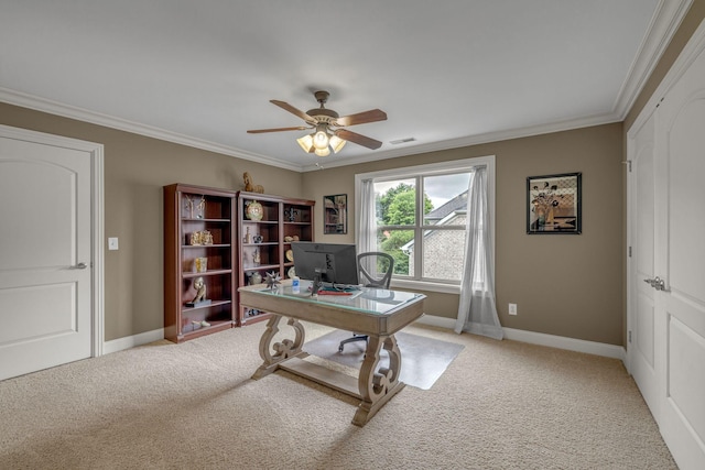 2711 Crowne Pointe Dr, Murfreesboro, TN 37130 - office area with ornamental molding, a ceiling fan, and light colored carpet
