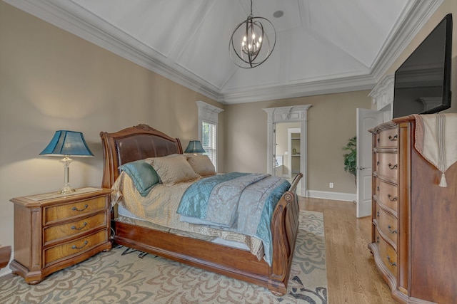 2711 Crowne Pointe Dr, Murfreesboro, TN 37130 - bedroom featuring a chandelier, light wood-style floors, lofted ceiling, and ornamental molding