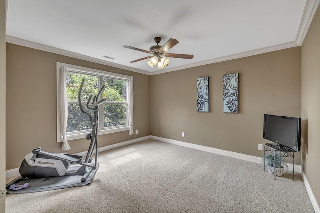 2711 Crowne Pointe Dr, Murfreesboro, TN 37130 - workout area featuring carpet flooring, crown molding, and ceiling fan
