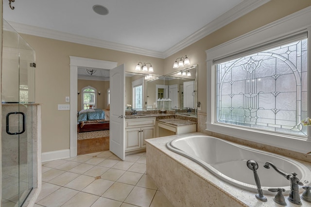 2711 Crowne Pointe Dr, Murfreesboro, TN 37130 - full bath with vanity, a garden tub, a shower stall, crown molding, and tile patterned floors
