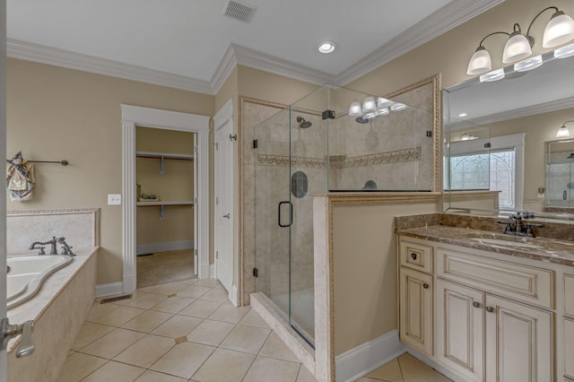 2711 Crowne Pointe Dr, Murfreesboro, TN 37130 - bathroom with a stall shower, vanity, a garden tub, ornamental molding, and tile patterned floors