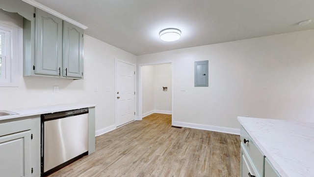 152 Mink Branch Rd E, Waynesboro, TN 38485 - kitchen with dishwasher, electric panel, light countertops, light wood-type flooring, and gray cabinetry