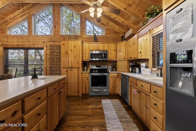645 Bankston Ln, La Follette, TN 37766 - kitchen featuring appliances with stainless steel finishes, a wooden ceiling with exposed beams, high vaulted ceiling, light countertops, and dark wood-style floors