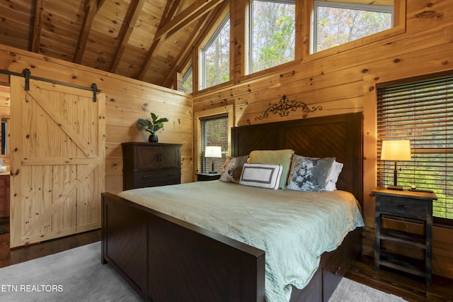 645 Bankston Ln, La Follette, TN 37766 - bedroom with wood walls, a wooden ceiling with exposed beams, high vaulted ceiling, wood finished floors, and multiple windows