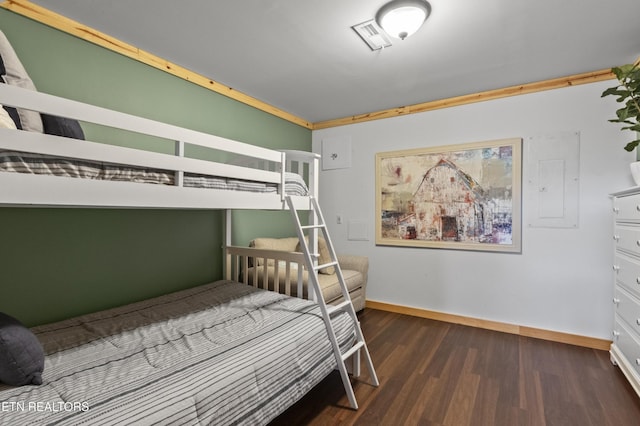 645 Bankston Ln, La Follette, TN 37766 - bedroom with dark wood-style floors and electric panel