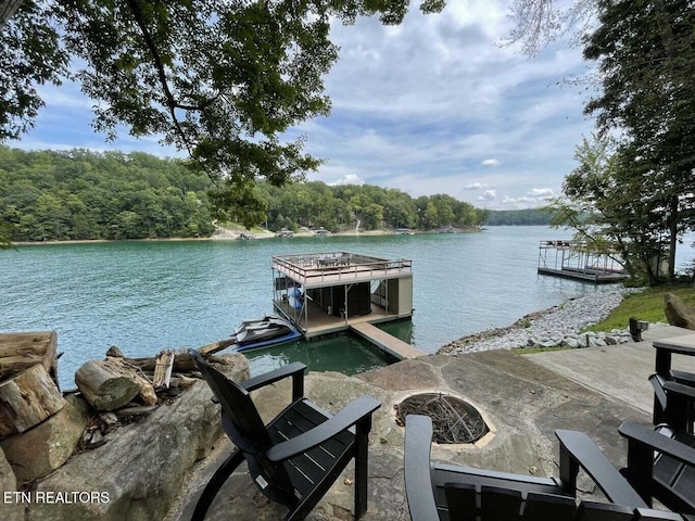 645 Bankston Ln, La Follette, TN 37766 - dock area featuring a water view, an outdoor fire pit, and a view of trees