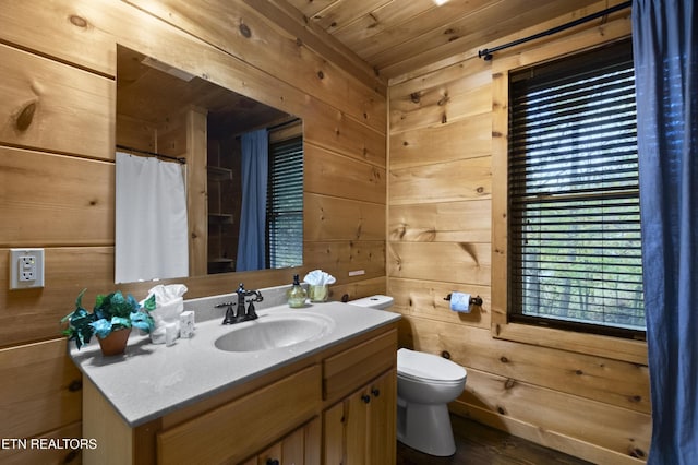 645 Bankston Ln, La Follette, TN 37766 - full bath with wood ceiling, wood walls, vanity, wood finished floors, and a shower with curtain