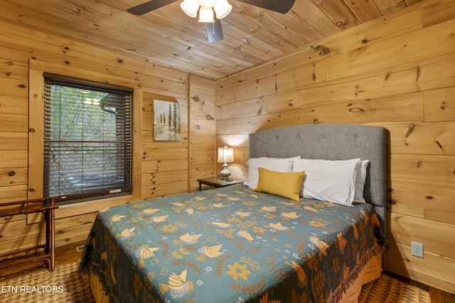 645 Bankston Ln, La Follette, TN 37766 - bedroom with wooden ceiling, wood walls, and a ceiling fan