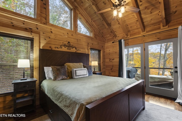 645 Bankston Ln, La Follette, TN 37766 - bedroom with a wood ceiling with exposed beams, multiple windows, access to exterior, wooden walls, and wood finished floors