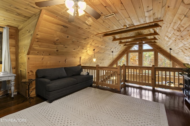 645 Bankston Ln, La Follette, TN 37766 - sitting room featuring ceiling fan, wooden ceiling, vaulted ceiling, wood-type flooring, and wooden walls