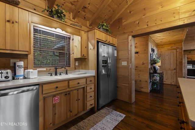 645 Bankston Ln, La Follette, TN 37766 - kitchen featuring appliances with stainless steel finishes, wooden walls, dark wood-style floors, light countertops, and wooden ceiling