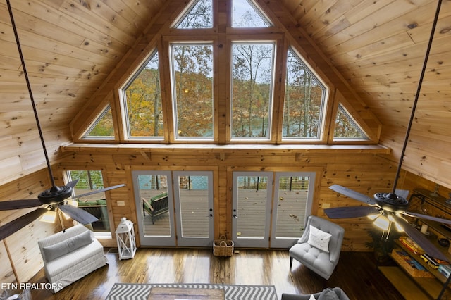 645 Bankston Ln, La Follette, TN 37766 - living area with ceiling fan, wooden walls, wood ceiling, healthy amount of natural light, and high vaulted ceiling