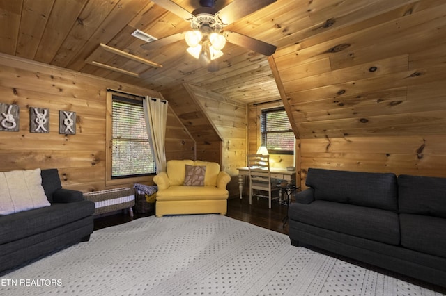 645 Bankston Ln, La Follette, TN 37766 - living area featuring wood ceiling, wood walls, wood finished floors, ceiling fan, and lofted ceiling