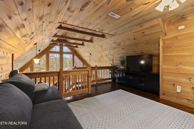 645 Bankston Ln, La Follette, TN 37766 - living area with wood ceiling, ceiling fan, wooden walls, hardwood / wood-style flooring, and vaulted ceiling