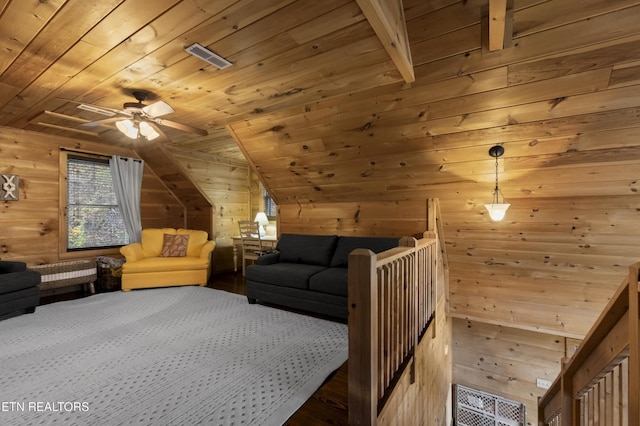 645 Bankston Ln, La Follette, TN 37766 - bedroom featuring wood walls, wooden ceiling, and lofted ceiling
