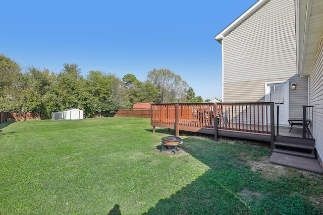1287 Cheryl Ct, Clarksville, TN 37042 - fenced backyard featuring a fire pit, a storage unit, and a wooden deck