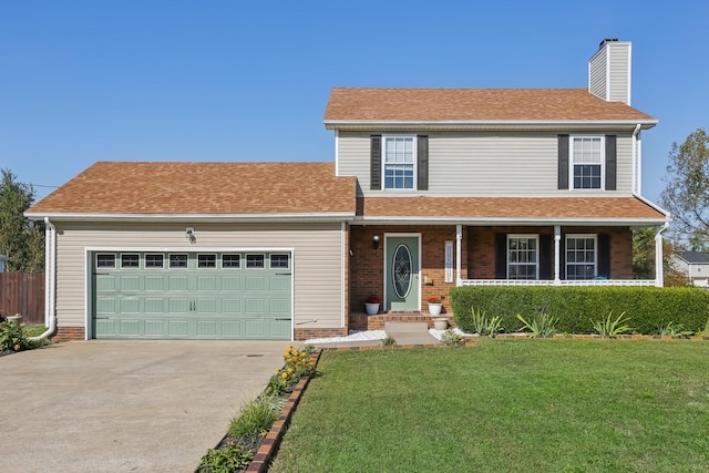 1287 Cheryl Ct, Clarksville, TN 37042 - view of front of home with concrete driveway, a chimney, a garage, a porch, and roof with shingles