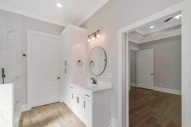 991 Scenic Dr, Pulaski, TN 38478 - full bath featuring ornamental molding, vanity, wood finished floors, a shower, and recessed lighting