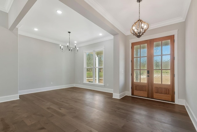 991 Scenic Dr, Pulaski, TN 38478 - foyer entrance with a chandelier, ornamental molding, dark wood-type flooring, french doors, and recessed lighting