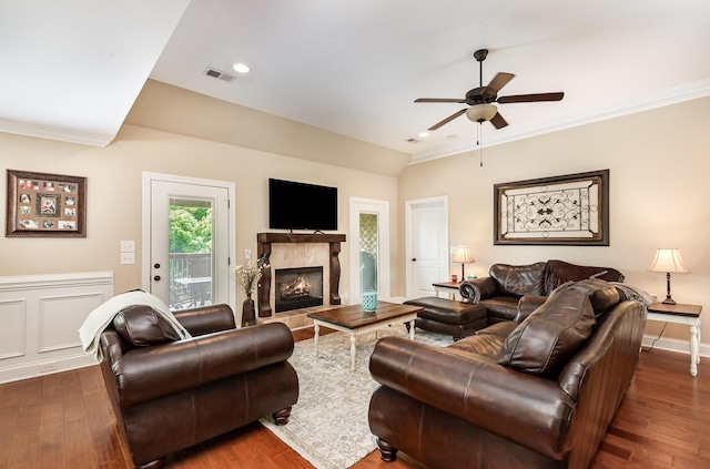 212 Hickory Pointe Dr, Lebanon, TN 37087 - living room featuring dark wood-style flooring, ceiling fan, ornamental molding, a fireplace, and recessed lighting