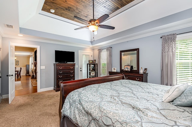 212 Hickory Pointe Dr, Lebanon, TN 37087 - bedroom featuring a raised ceiling, light colored carpet, crown molding, and a ceiling fan