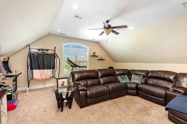 212 Hickory Pointe Dr, Lebanon, TN 37087 - living room with carpet flooring, vaulted ceiling, a ceiling fan, and recessed lighting