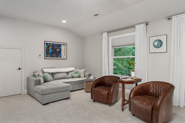 7871 Oscar Green Rd, Primm Springs, TN 38476 - living room with light colored carpet, vaulted ceiling, and recessed lighting