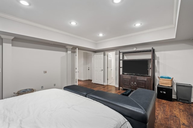 7871 Oscar Green Rd, Primm Springs, TN 38476 - bedroom with dark wood finished floors, ornamental molding, and recessed lighting